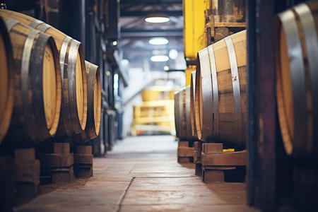 barrels aging beer in a cellarの素材