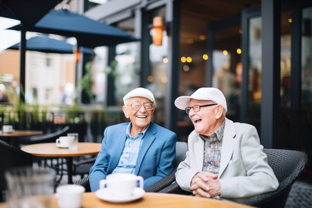 senior partners enjoying coffee on a caf patioの素材