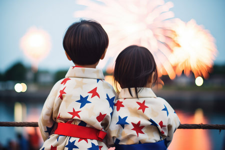 japanese children wearing yukatas watching fireworks at obonの素材