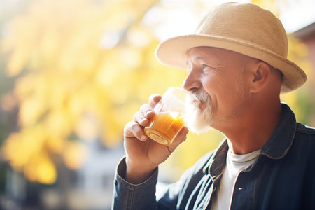 person sipping cider on a sunny autumn dayの素材