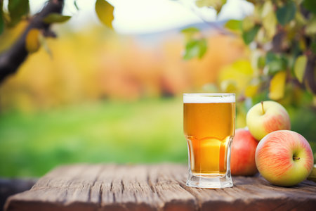 glass of cider with apple orchard backgroundの素材