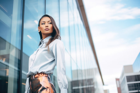 reflective fashion pose in front of glass buildingの素材