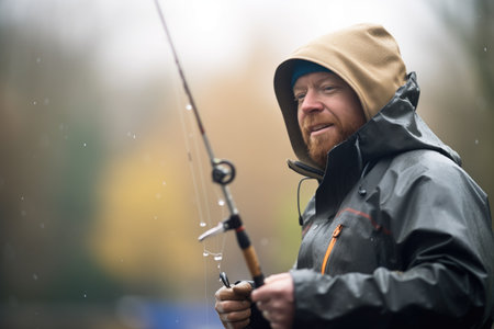 fisher in waterproof gear casting a spinning reelの素材