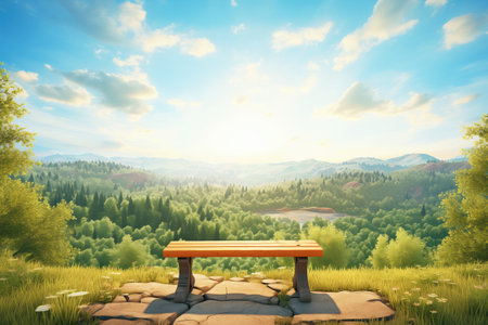 wooden bench overlooking a forest valley bathed in gentle sunlightの素材