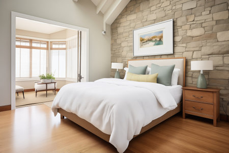 bedroom with stone wall, white linensの素材