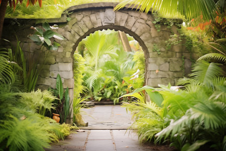 stone wall archway in lush gardenの素材