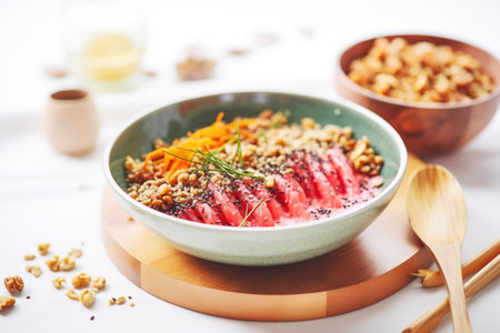 beet juice smoothie bowl with nuts and seeds topping, wooden spoonの素材