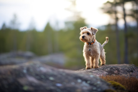 small dog poised on a large rock, forest in backgroundの素材