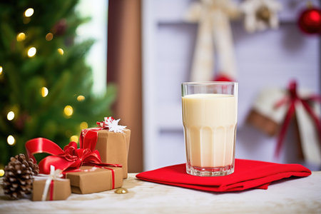 eggnog carton pour into glass, holiday wreath in backgroundの素材