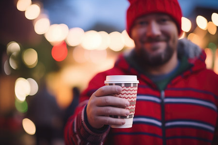 man holding a takeaway cup of peppermint mocha outdoors with christmas lights in the backgroundの素材