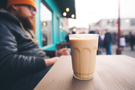 sipping iced chai latte at a cozy outdoor cafeの素材