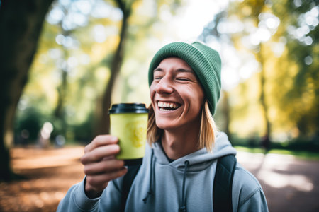 smiling person enjoying iced matcha in a park, vibrant green trees aroundの素材
