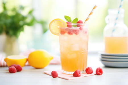pink lemonade in a clear glass, garnished with raspberriesの素材