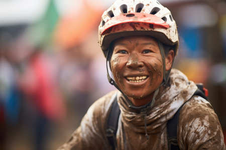 rider with mudsplattered face smiling postrideの素材