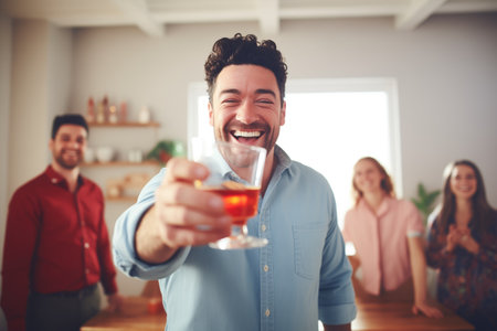 man holding negroni, clinking glasses with friends, cheers momentの素材