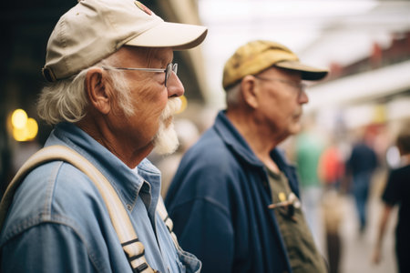 old friends browsing at a farmers marketの素材