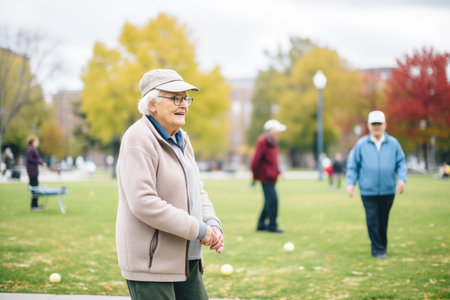 elderly people playing bocce ball in a parkの素材