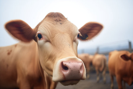 closeup of livestock with breath visible in the fogの素材