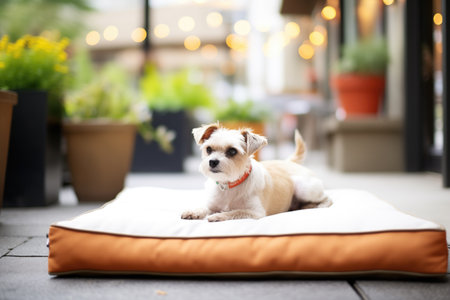 dog lounging on an outdoor waterproof bedの素材