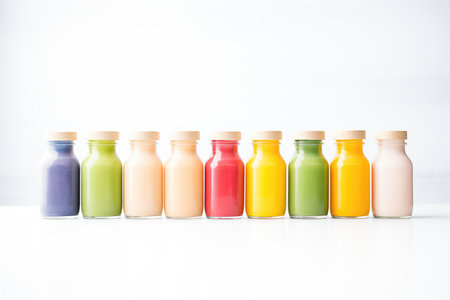 row of colorful protein smoothies in bottles against a white backdropの素材