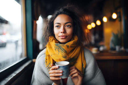 woman sipping latte, scarf and cozy sweater visibleの素材