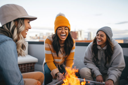 friends laughing around a fire pit on a rooftop terraceの素材
