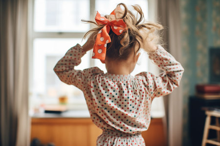 child in polkadot dress dancing with a bow in her hairの素材