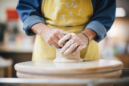 artisan crafting pottery on wheel in studioの素材