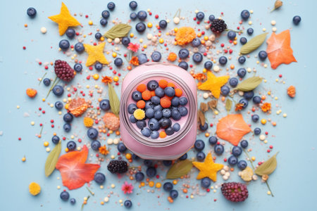 blueberry smoothie in mason jar, berries scattered aroundの素材