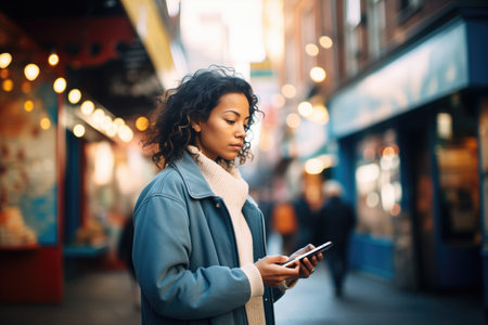 woman using smartphone navigation on city streetの素材