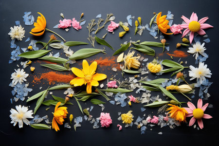 assorted tea leaves and flowers on a black slate backgroundの素材