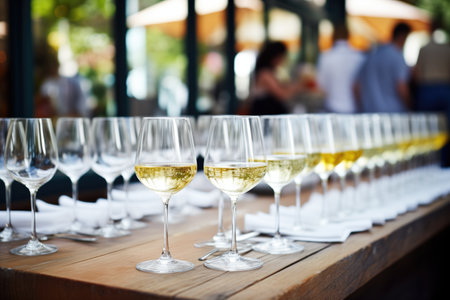 openair white wine bar, rows of glasses ready to serveの素材