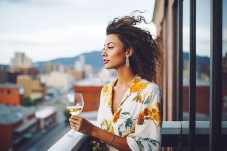 woman holding white wine on a balcony, city viewの素材