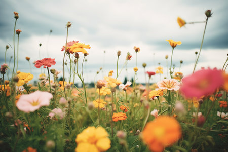 overcast sky above a dramatic field of stormtouched flowersの素材
