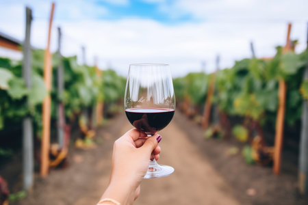 hand holding a glass of red wine against rows of grapevinesの素材