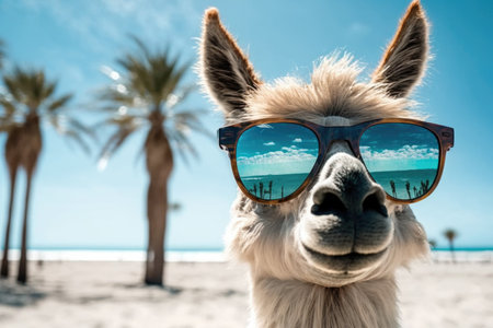 portrait of llama in sunglasses on a blurred background of palm trees and the beachの素材
