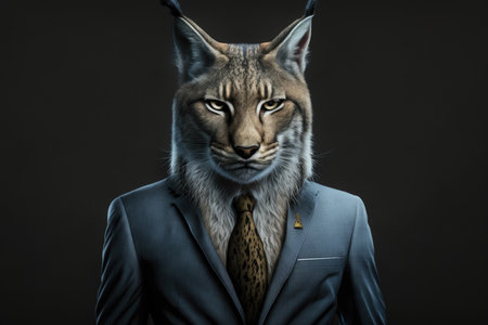 portrait of lynx in a full-length business suit on a dark backgroundの素材