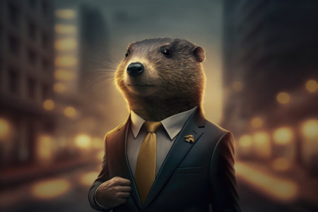 portrait of mole in a dark business suit with a gold tie on a blurred background of an officeの素材