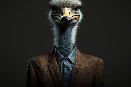 portrait of ostrich in a full-length business suit on a dark backgroundの素材