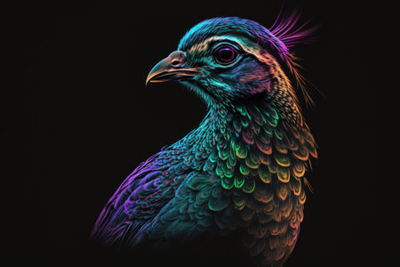 portrait of pheasant in neon colors on a dark backgroundの素材