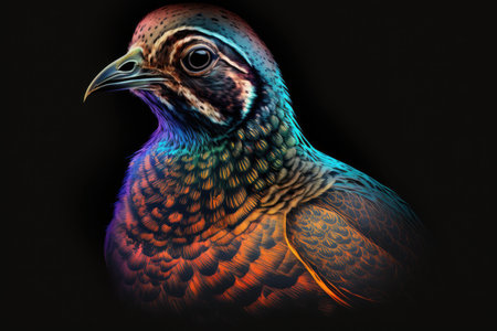 portrait of pheasant in neon colors on a dark backgroundの素材