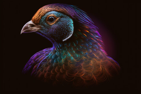 portrait of pheasant in neon colors on a dark backgroundの素材