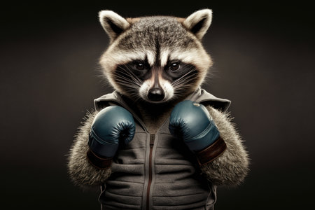 portrait of raccoon in a tracksuit and boxing gloves around his neckの素材