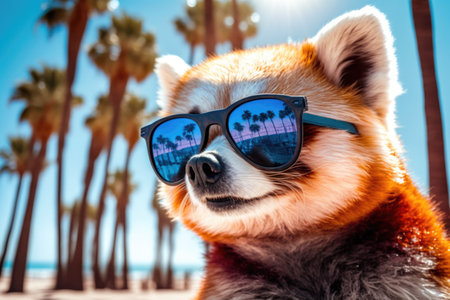 portrait of red panda in sunglasses on a blurred background of palm trees and the beachの素材