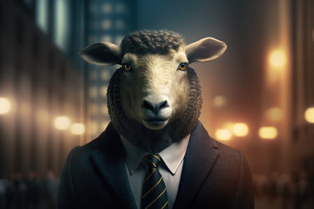 portrait of sheep in a dark business suit with a gold tie on a blurred background of an officeの素材