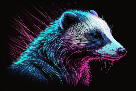 portrait of skunk in neon colors on a dark backgroundの素材