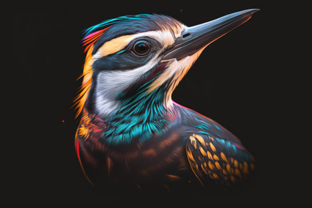 portrait of woodpecker in neon colors on a dark backgroundの素材