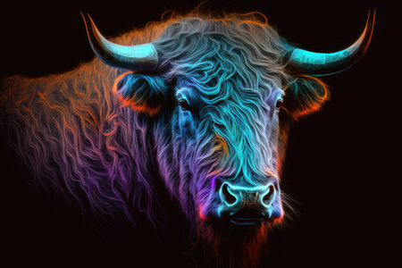 portrait of yak in neon colors on a dark backgroundの素材