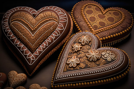 heart-shaped gingerbread cookies stacked on top of each other with different icing designsの素材