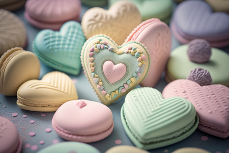 close-up of heart-shaped macarons in pastel colorsの素材